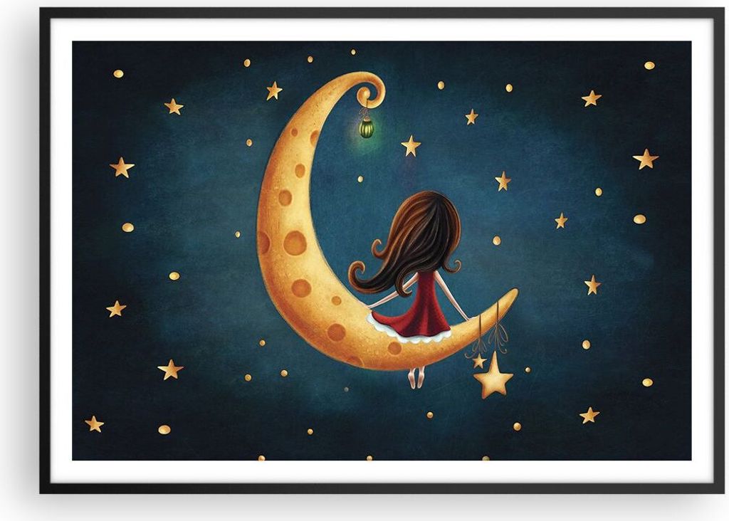 Gerahmtes Poster - Schwarzer Rahmen - Kinder Mädchen Mond - 100x70 cm - Wand Bild - Wanddeko - Wandbilder - Kunstposter - Wandposter - Bilderrahme...