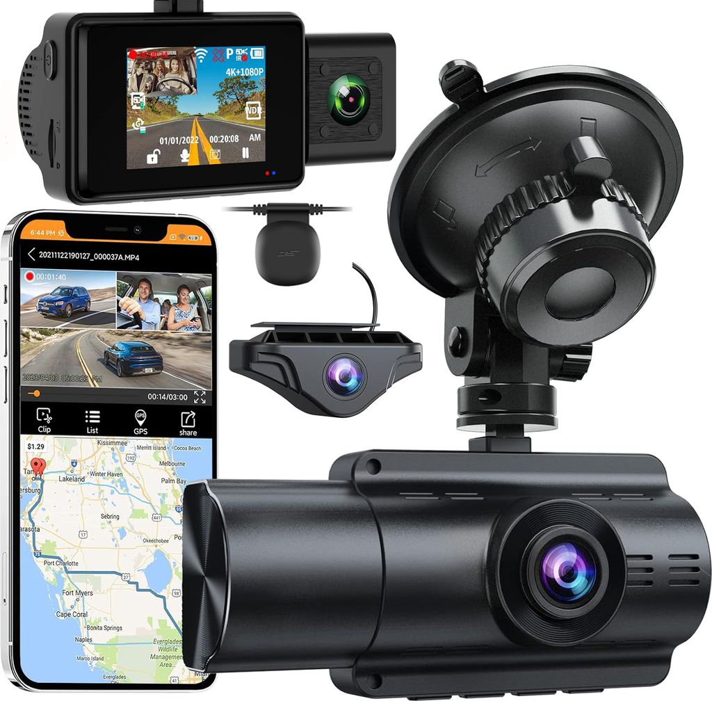 Dashcam 3 Lens Autokamera 4K+1080P+1080P,WiFi Dashcam mit GPS,2'' IPS Bildschirm vorne hinten innen HDR+WDR Dash Cam,Loop-Aufnahme,G-Sensor,Nachtsicht