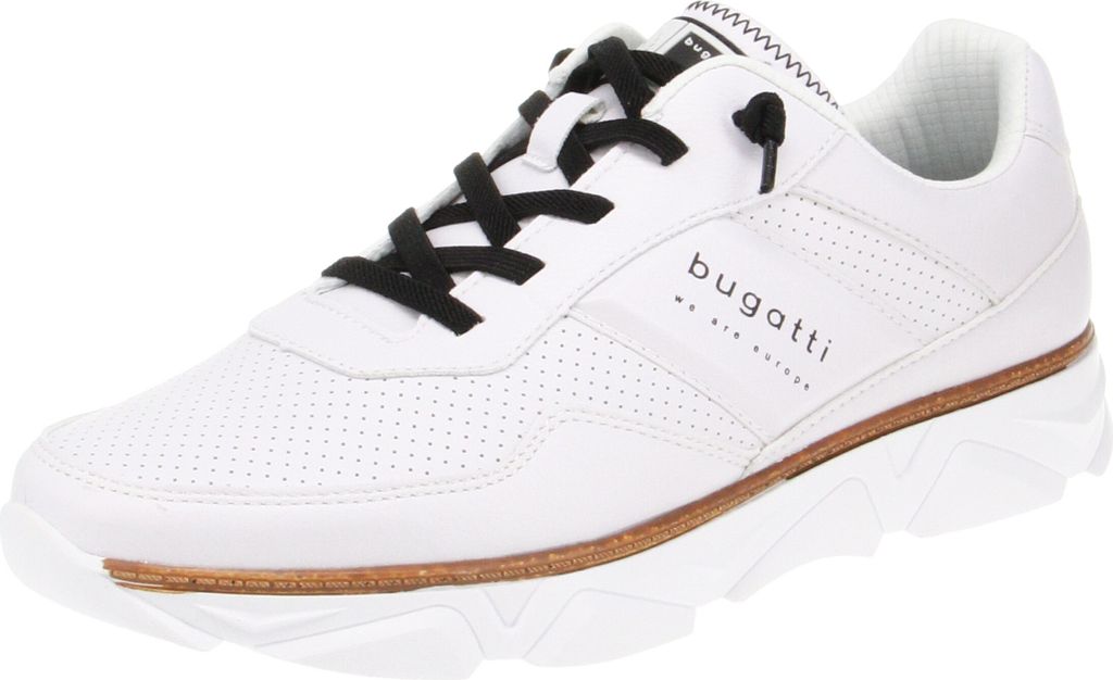 A white Bugatti sneaker with black laces is shown against a white background.