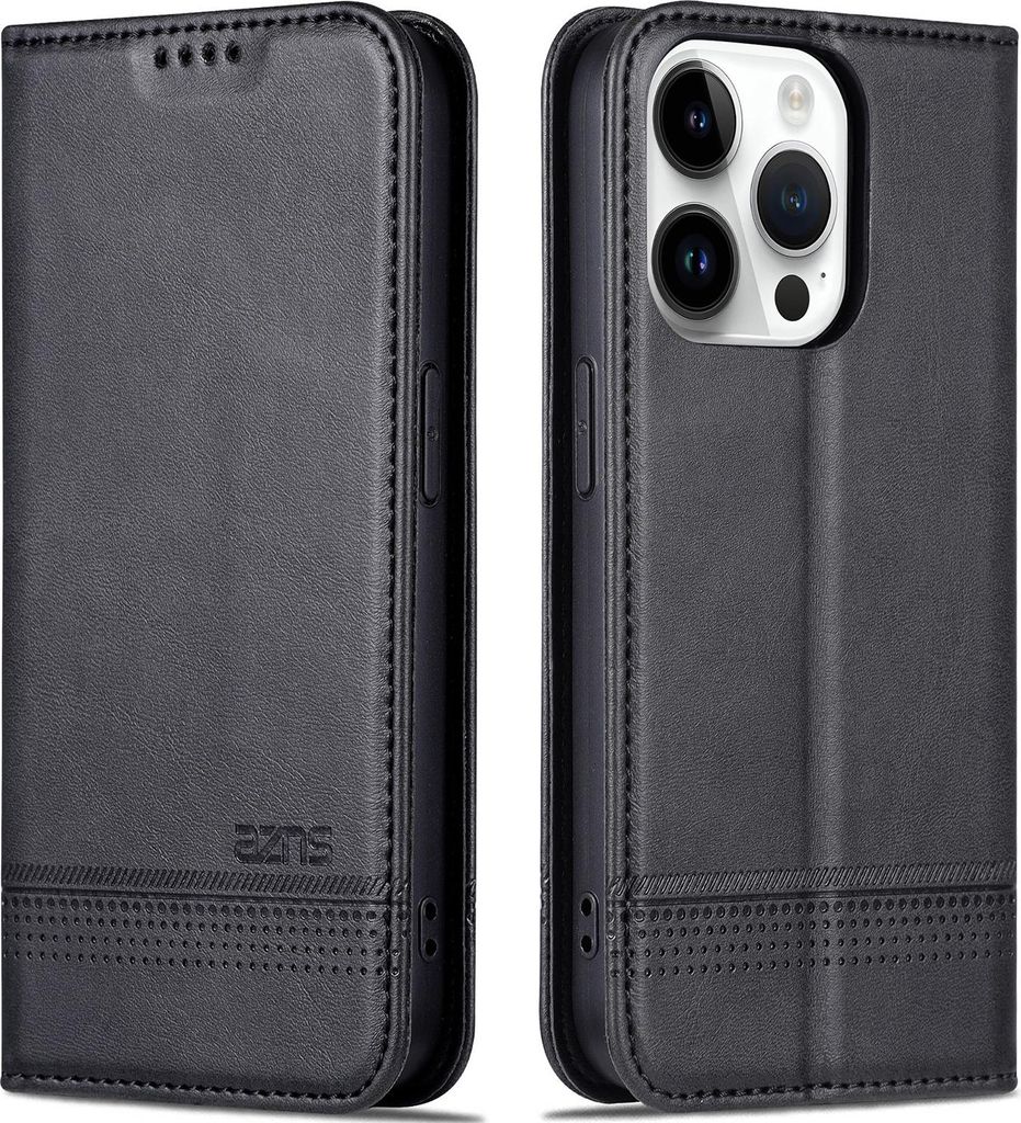 Leder Hülle für iPhone 15 Pro Max, Klapphüllen Brieftasche Magnetverschluss Ständer Schutzhülle Schwarz