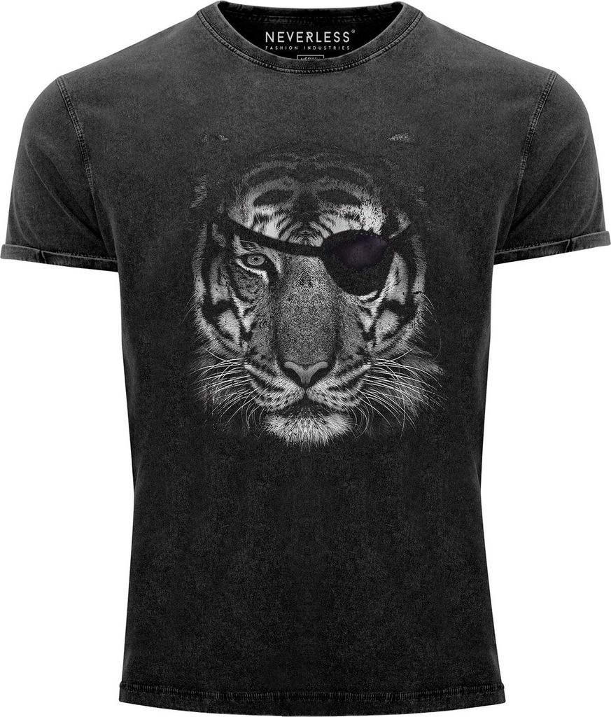 Herren T-Shirt Vintage Shirt Tiger Augenklappe Eyepatch Printshirt Aufdruck Used Look Slim Fit Neverless schwarz L