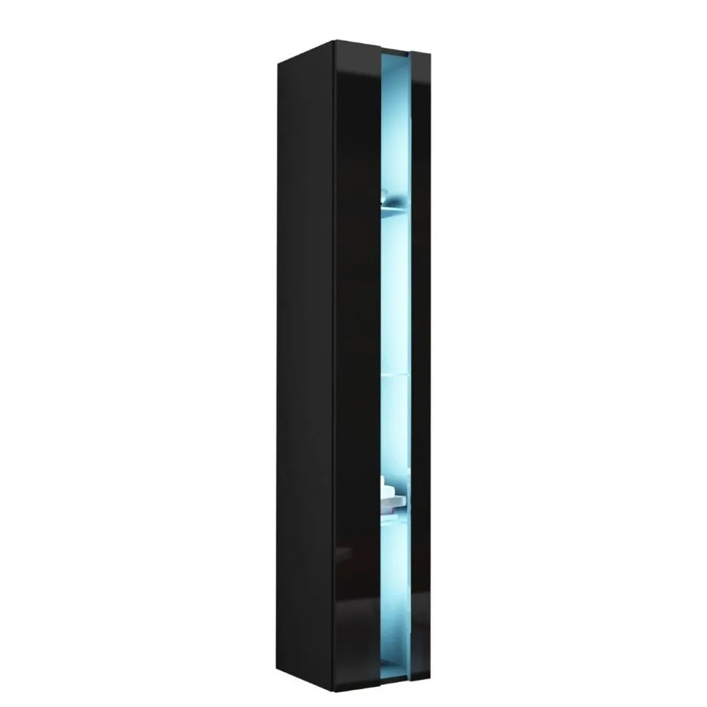 Vitrine LED bleu ASHTON 2 noir brillant avec système d'ouverture moderne