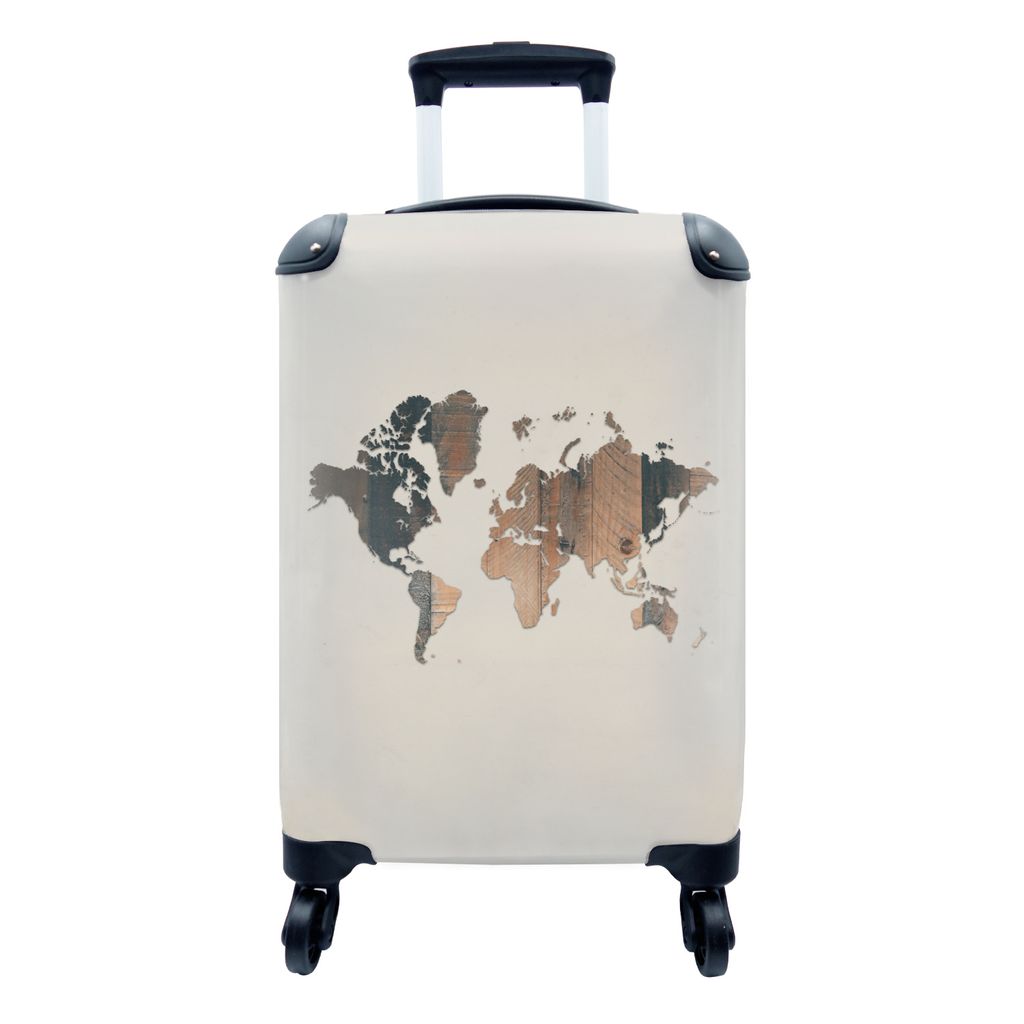 MuchoWow Koffer Handgepäck Trolley Rollkoffer Kleine Reisekoffer mit 4 Rollen - Weltkarte - Holz - Braun - Cabin Size < 55x40x23 cm & 55x40x20 c...