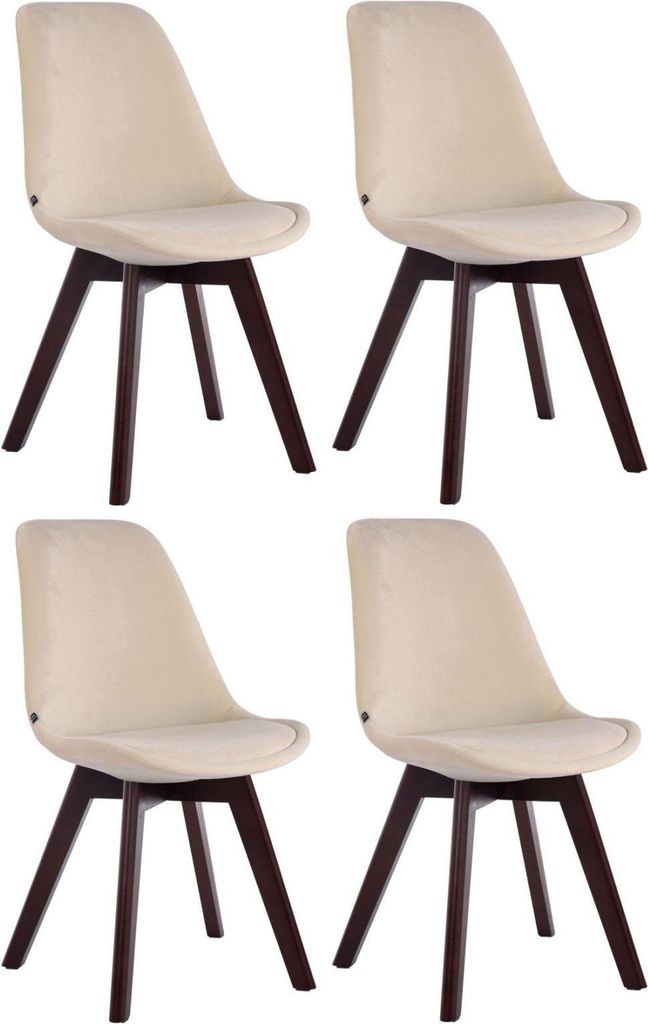 4-teiliges Esszimmerstuhl-Set – Küchenstühle – bequemes Samt- und Holzdesign | Farbe: Creme | Grundfarbe: Walnuss