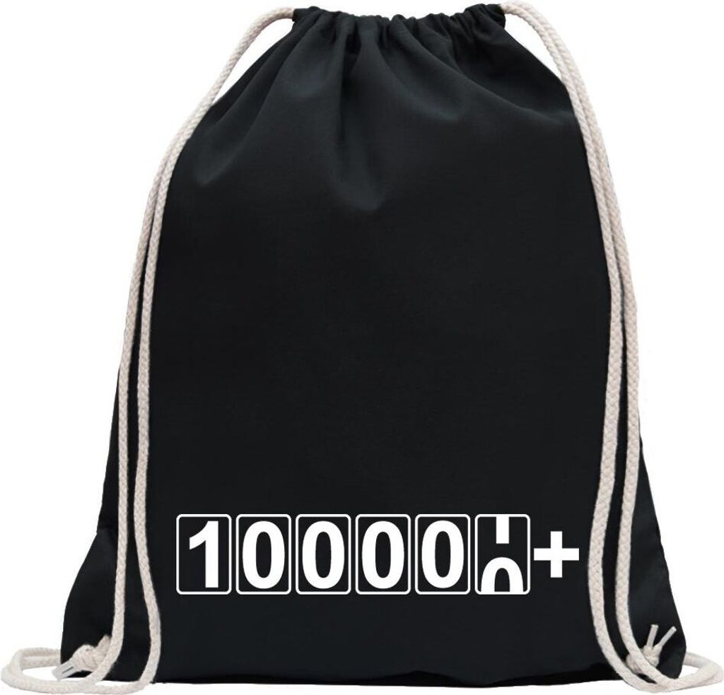 Kiwistar - Turnbeutel - schwarz - Kilometeranzeige 100000+ Tachometer - Fun Rucksack Sport Beutel Gymsack Baumwolle mit Ziehgurt