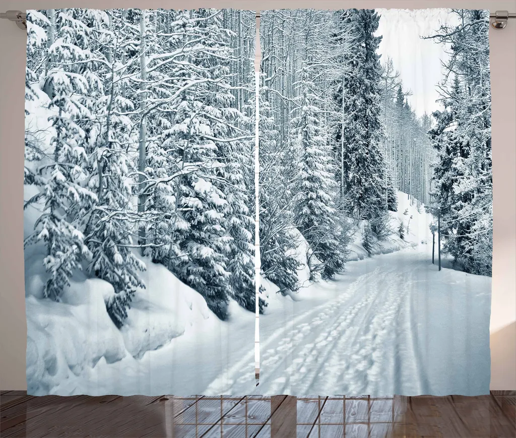 ABAKUHAUS Tenda rustica invernale, tema sciistico Snowy Road, tenda universale per soggiorno con passanti e ganci, 280 x 225 cm, bianco e nero