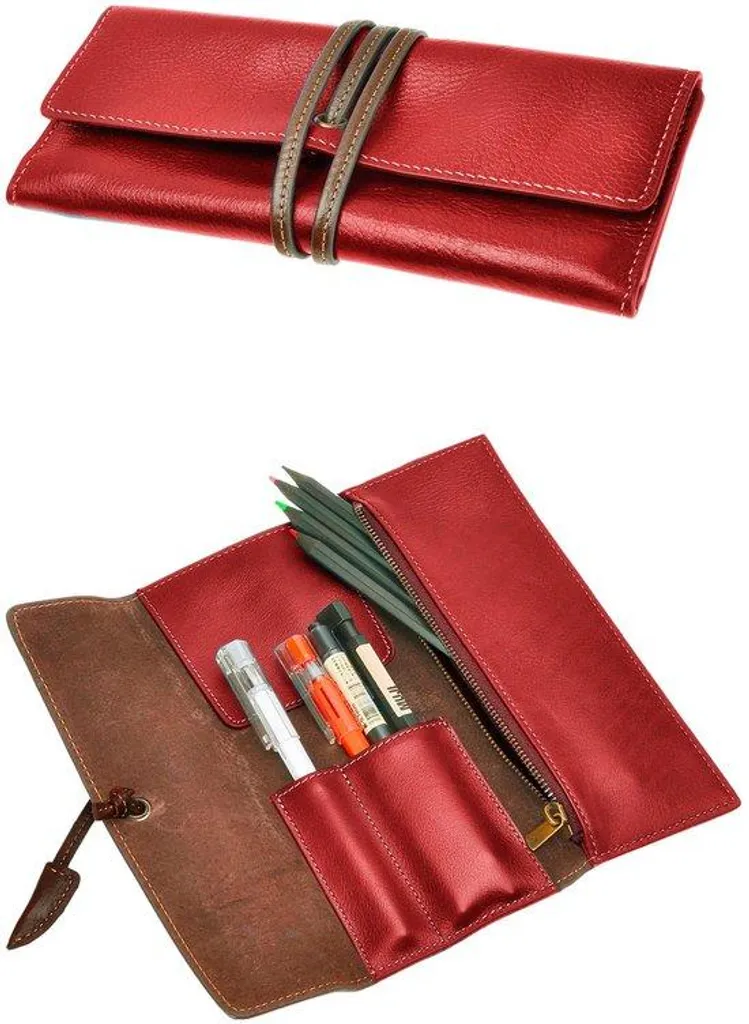 Étui en cuir rouge pour petits objets - Rangement souple fait main S
