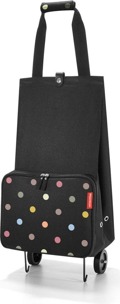 A black trolley bag with colorful polka dots.