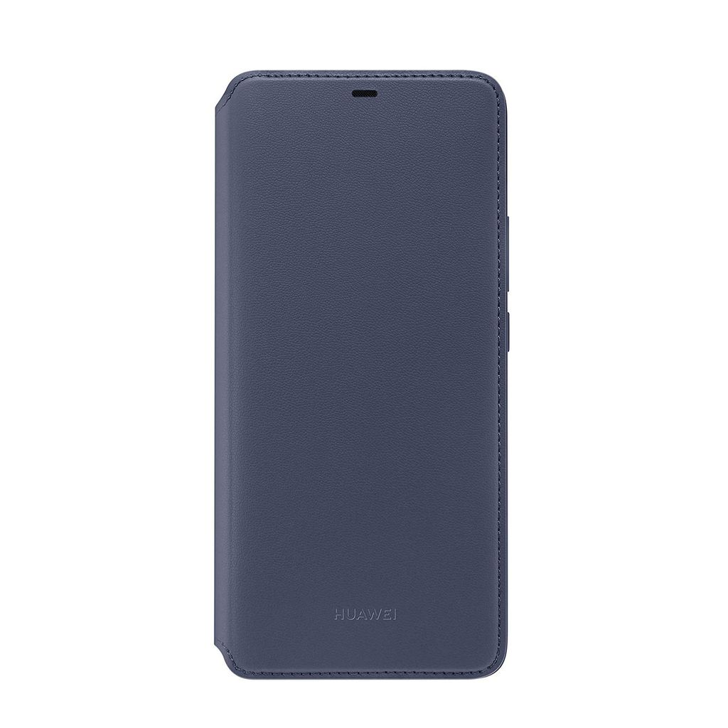 A blue Huawei flip case for a phone, shown closed and upright against a white background.