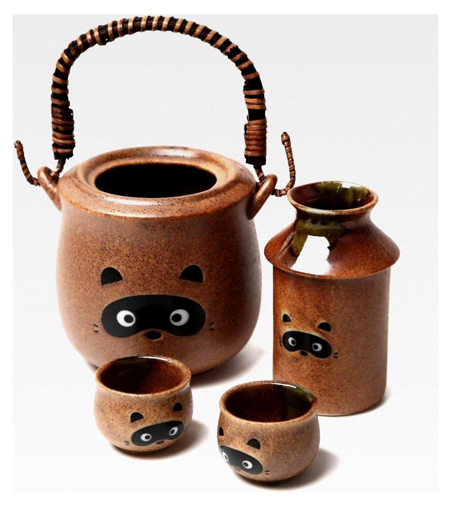 Traditionelles japanisches Keramik-Sake-Set – Mino Ware Keramik-Set mit Stövchen, Flasche und Tassen, 4-teilig