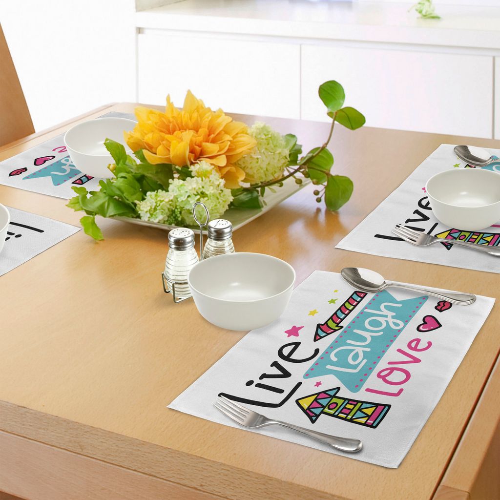 ABAKUHAUS Lebe Lache Liebe Platzmatten, Lebhafte Farben Cartoon Pfeile mit geometrischen Formen Kuss Herzen Phrase Print, Tiscjdeco aus Farbfesten ...