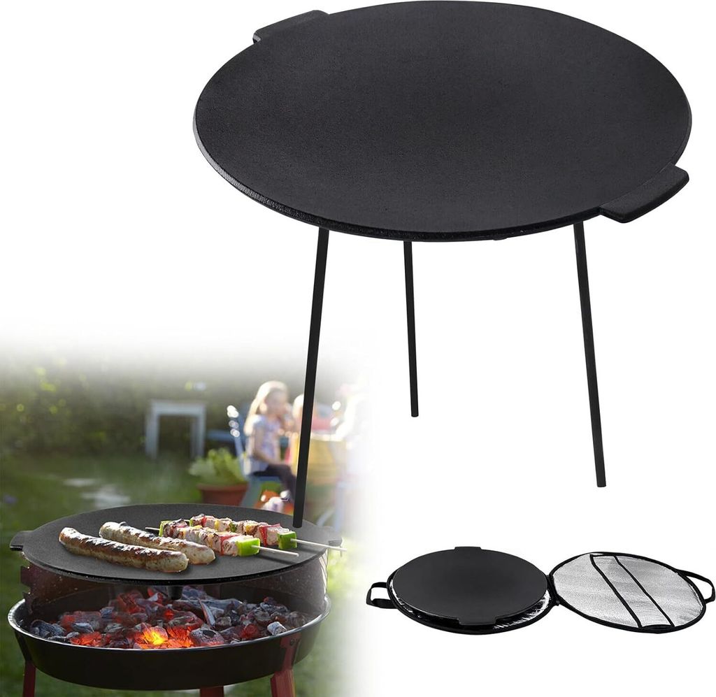 Sessamen-LP Grillplatte Gusseisen mit 3 Beinen Grillpfanne Dutch Oven Grilltisch Camping Grill Zubehör, Rund, Ø 45 cm