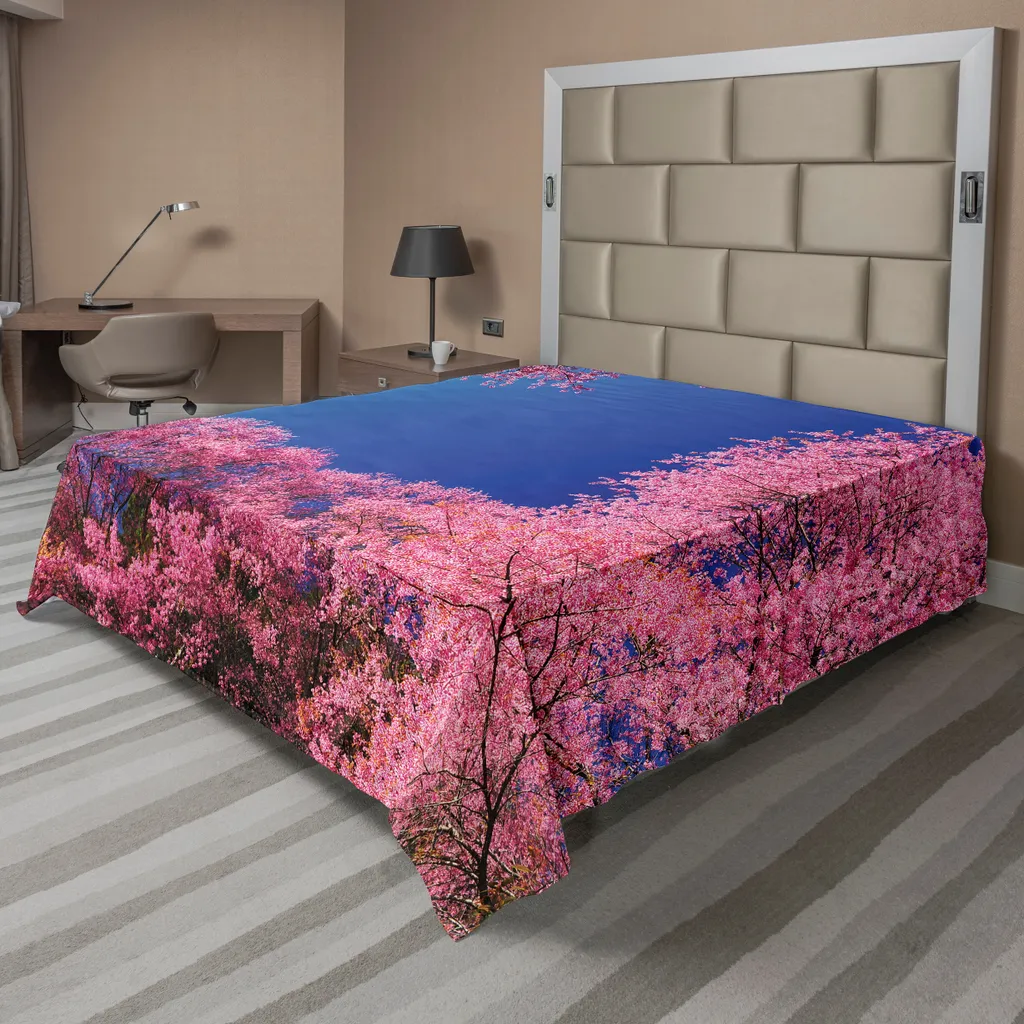 ABAKUHAUS Drap de lit fleurs cerisier, 266x260 cm, paysage printemps