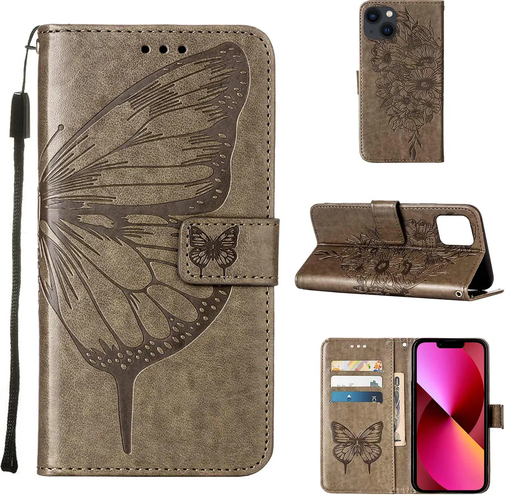 Cover Portafoglio iPhone 13 Mini Grigio Farfalla Relief Antiurto