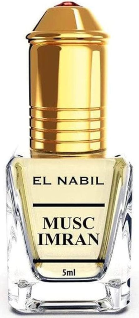 A product shot of a small perfume bottle with a gold cap.