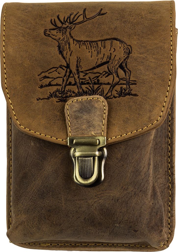Greenburry Gürteltasche Leder Bauchtasche Hüfttasche mit Hirsch-Prägung Tasche braun Vintage hoch 1754H-STAG3-25