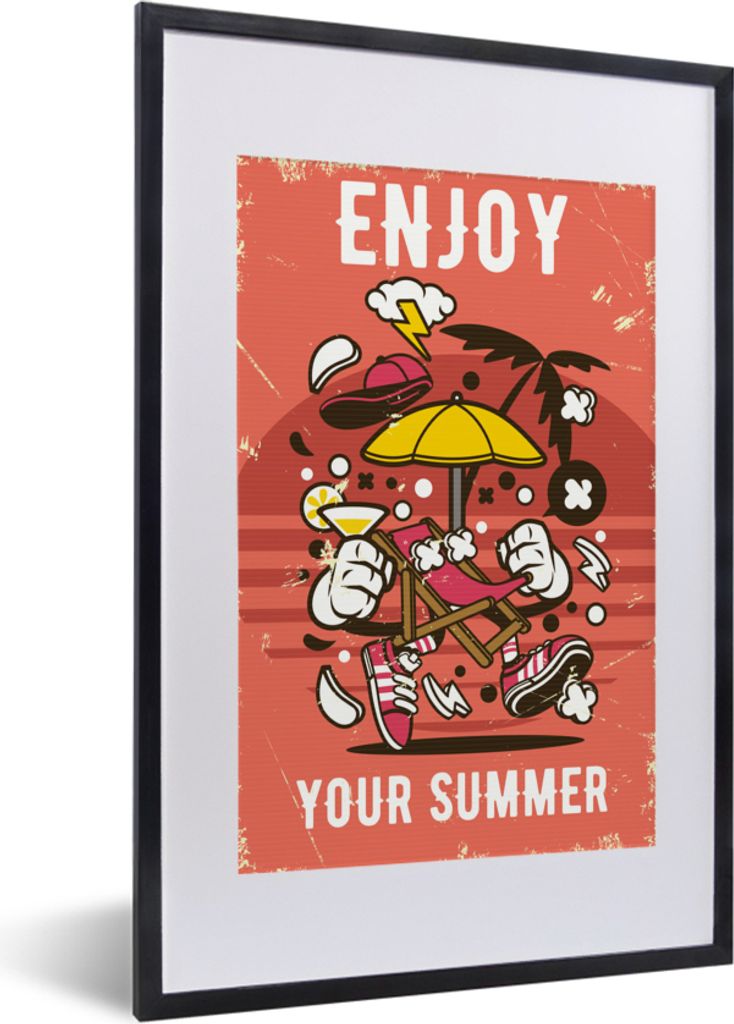 MuchoWow MuchoWow Gerahmtes Poster Sonnenschirm - Sommer - Retro 40x60 cm - Poster mit zchwarzem Bilderrahmen - Poster in Rahmen