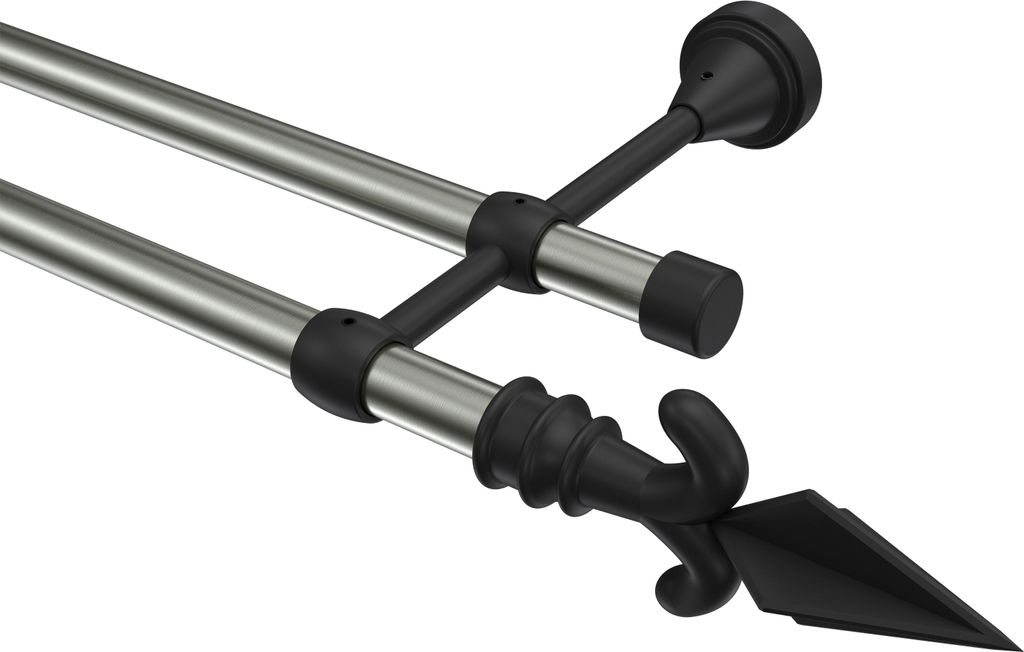 Interdeco Gardinenstange / Vorhangstange Edelstahl-Optik / Schwarz, Typ Primus Matteo (Pfeil), 16 mm Ø 2-läufig, 180 cm