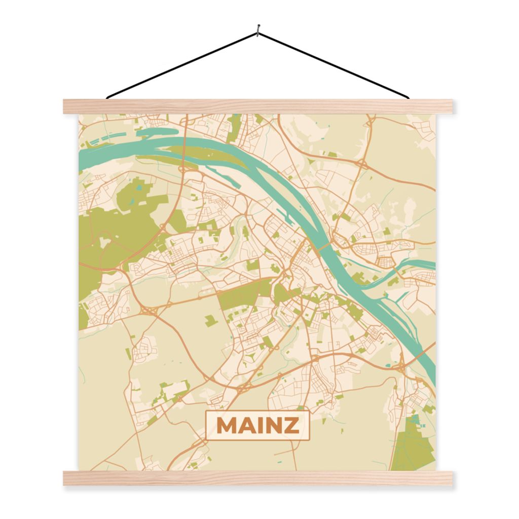 MuchoWow Textilposter Stadtplan - Mainz - Vintage - Stadtplan 120x120 cm mit holzfarbenen Rahmen - Textil-Poster
