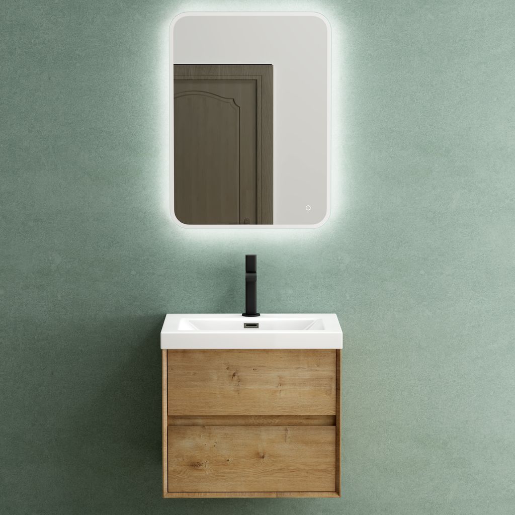 Mai & Mai Badmöbelset Badezimmermöbel Waschbeckenunterschrank 2 Schubladen mit Soft-Close inkl. Waschbecken und LED-Badspiegel Kerneiche 60 cm Rimo