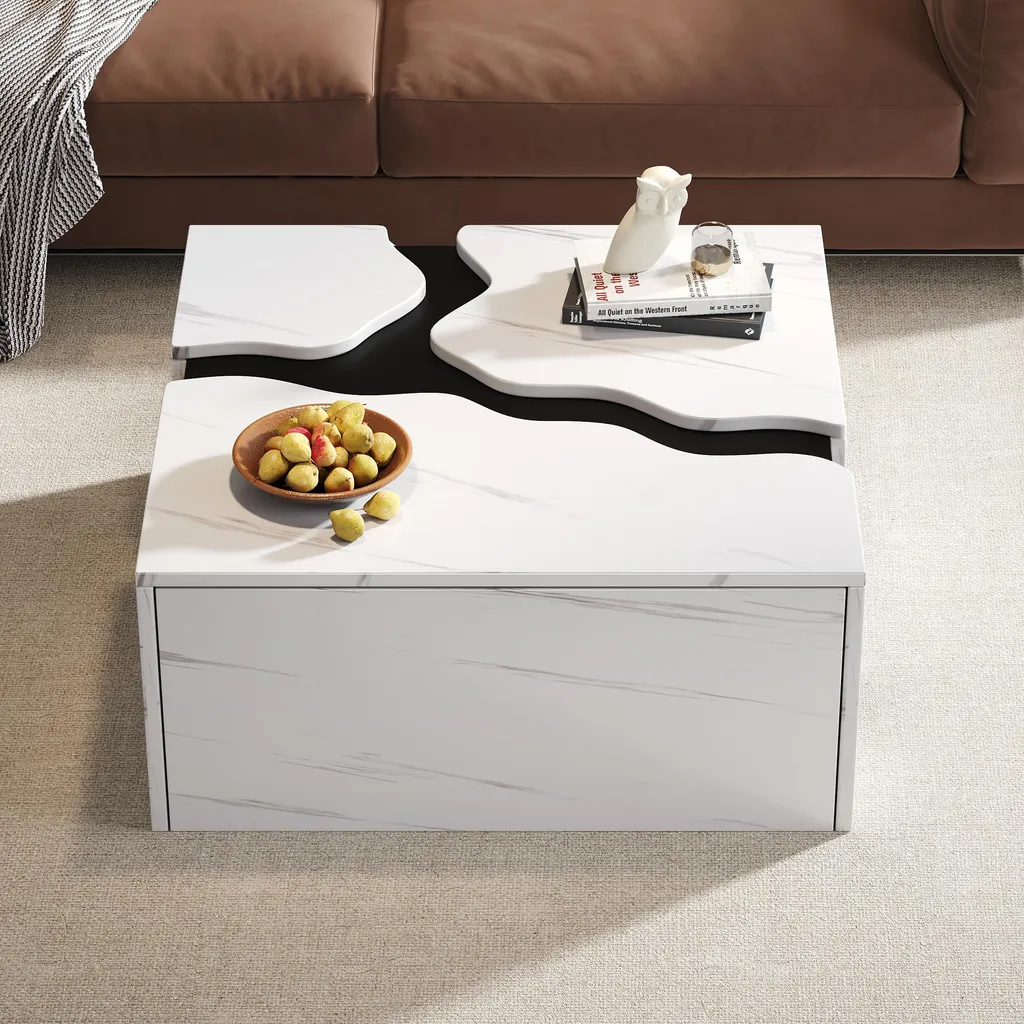 Table basse carrée 70x70 cm aspect marbre blanc avec tiroir de rangement - 4