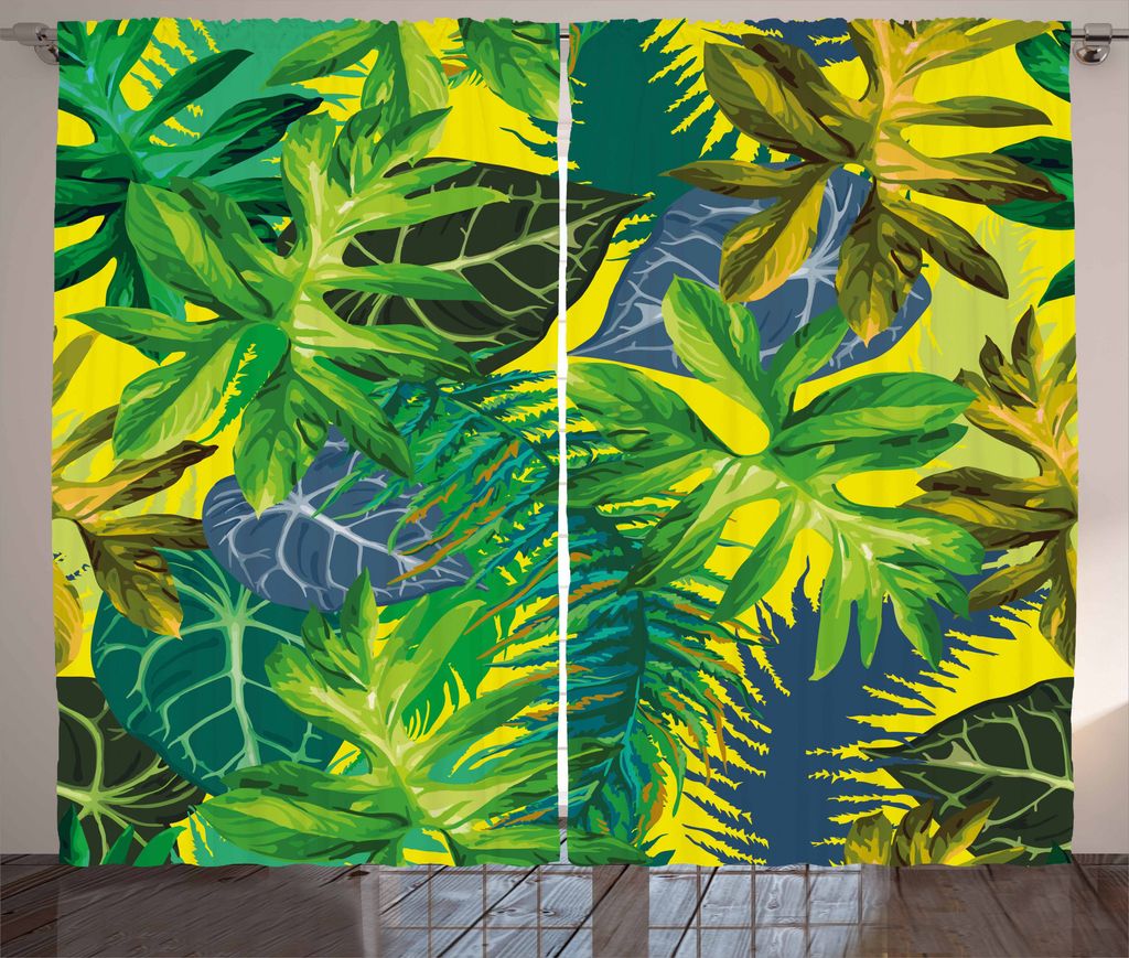 ABAKUHAUS Pflanze Rustikaler Gardine, Exotische Blätter Aquarell, Schlafzimmer Kräuselband Vorhang mit Schlaufen und Haken, 280 x 225 cm, Mehrfarbig