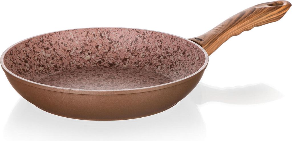 A frying pan with a speckled interior and a wood-grain handle is shown against a white background.