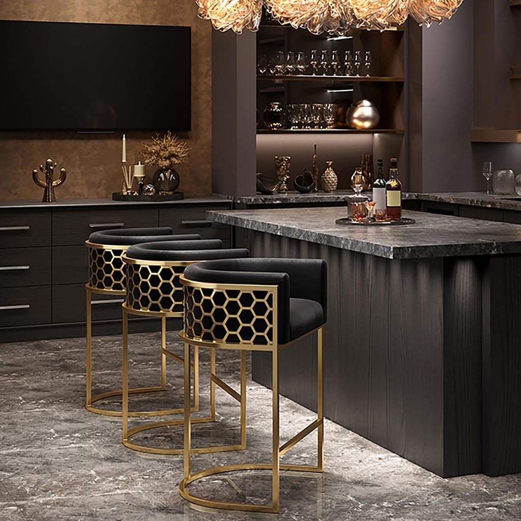 riess-ambiente Stilvoller Barhocker ELEGANCE schwarz Samt gold Edelstahl mit Armlehne und Fußablage Barstuhl Tresenstuhl Tresenhocker