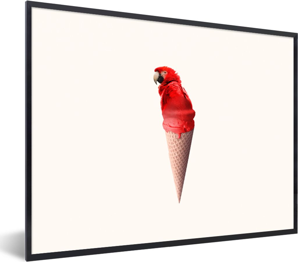 MuchoWow Gerahmtes Poster Eiscreme - Papagei - Rot - Eistüten - Weiß 80x60 cm - Poster mit Schwarzem Bilderrahmen Wandposter Rahmen Foto Bilder...