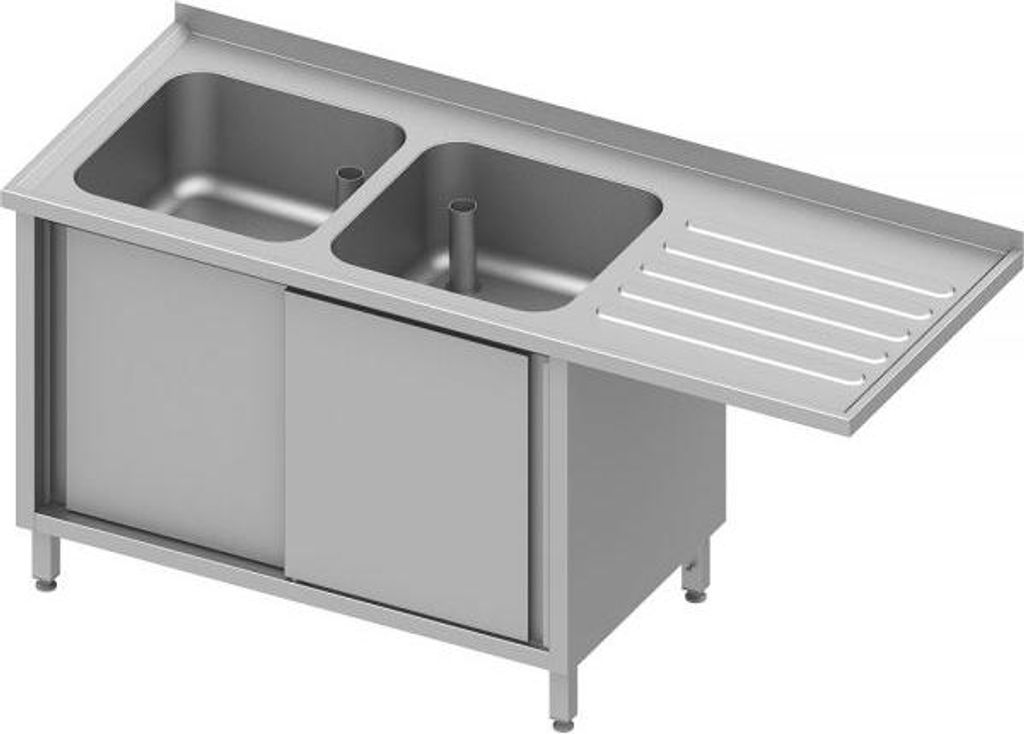 Spülschrank mit Schiebetüren und Überstand 1800x600x900 mm, mit zwei Becken links, mit Aufkantung, verschweißt