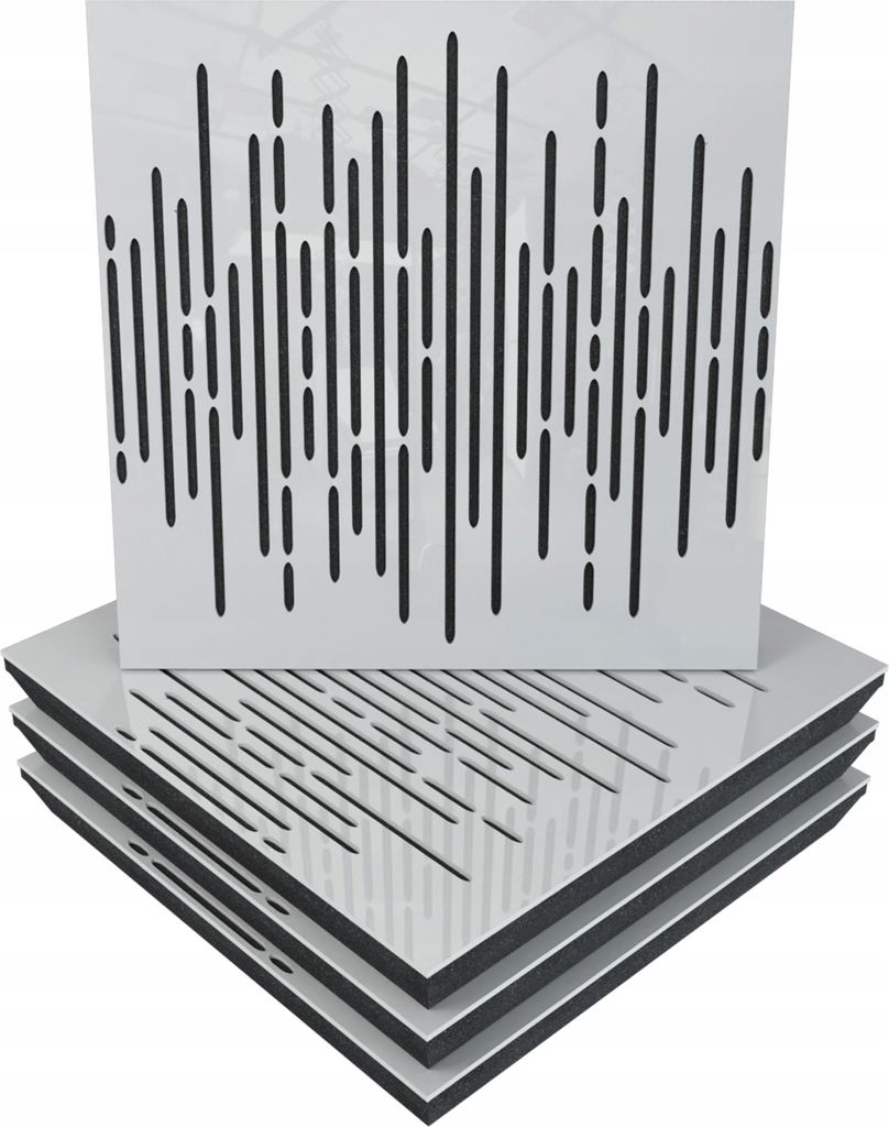 4 Stück AKUSTIK-WANDPANEELE mit Montageset | "WAVE" 50x50x5cm | Absorption und Diffusion | Farbe: Weiß glänzender Kunststoff