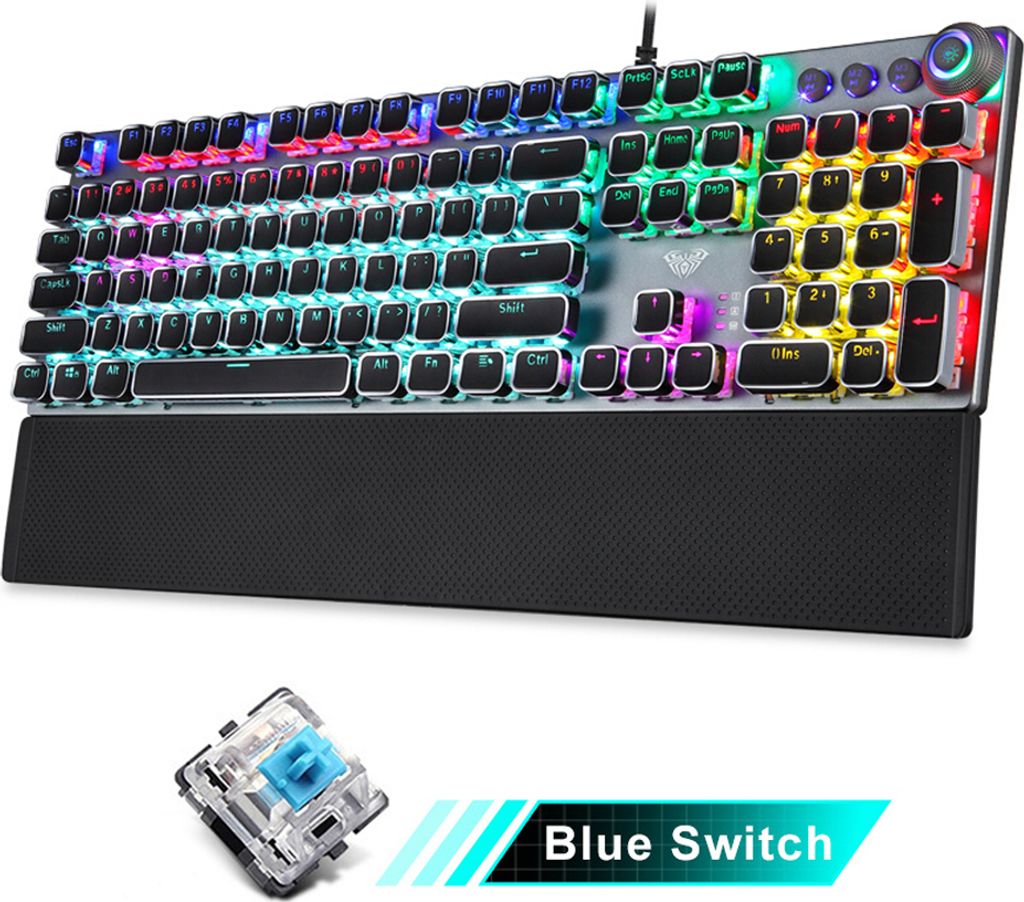 Tarantula AULA F2088 Kabelgebundene mechanische Tastatur mit 104 Tasten, Metallplatte, ergonomisches Design, mit Handauflage, galvanisierter punkgr...