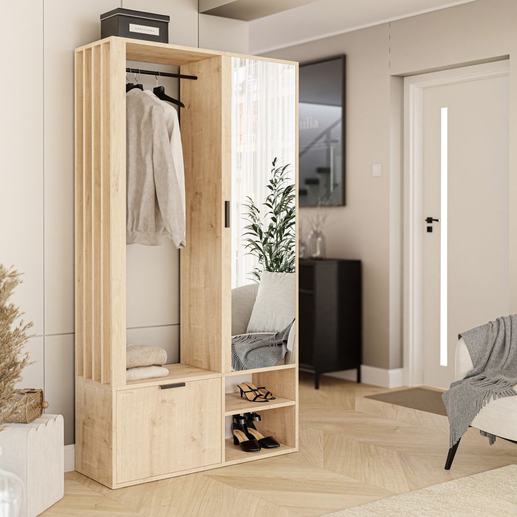 A hallway with a wardrobe, mirror, and shoes.