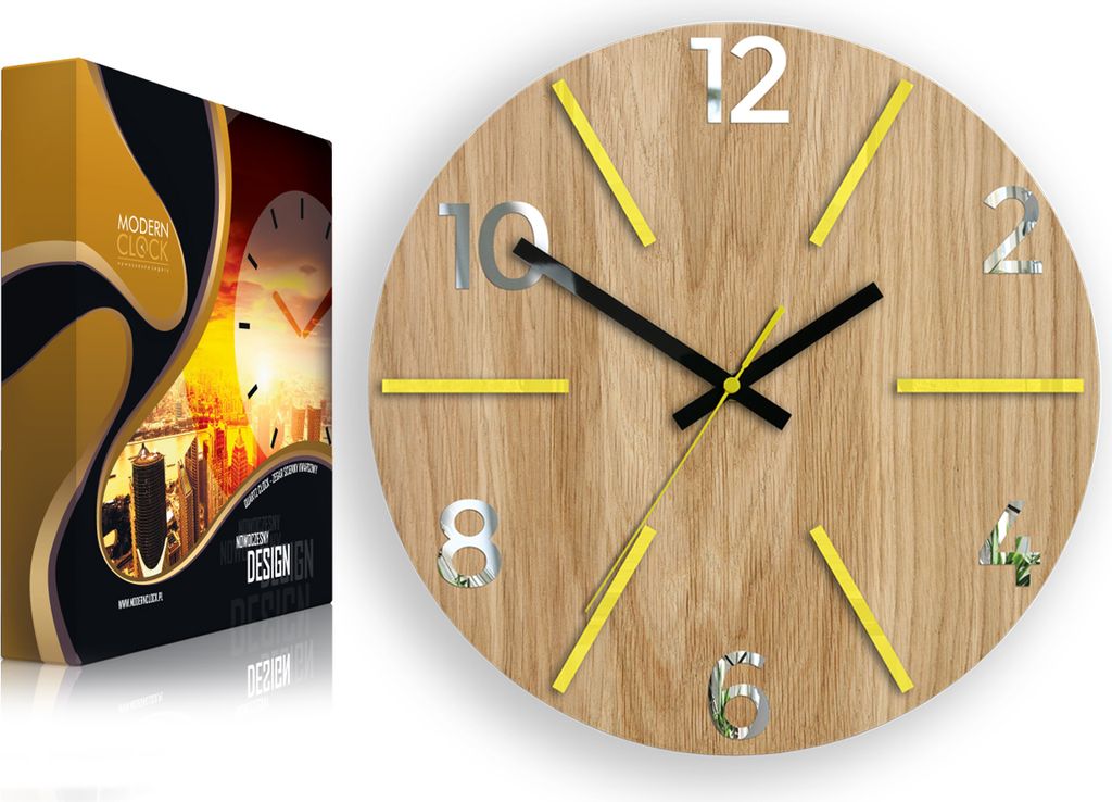 ModernClock, Wanduhr, Wohnzimmer, 33cm, große Wanduhr aus Eiche, Aksel gelb&spiegel