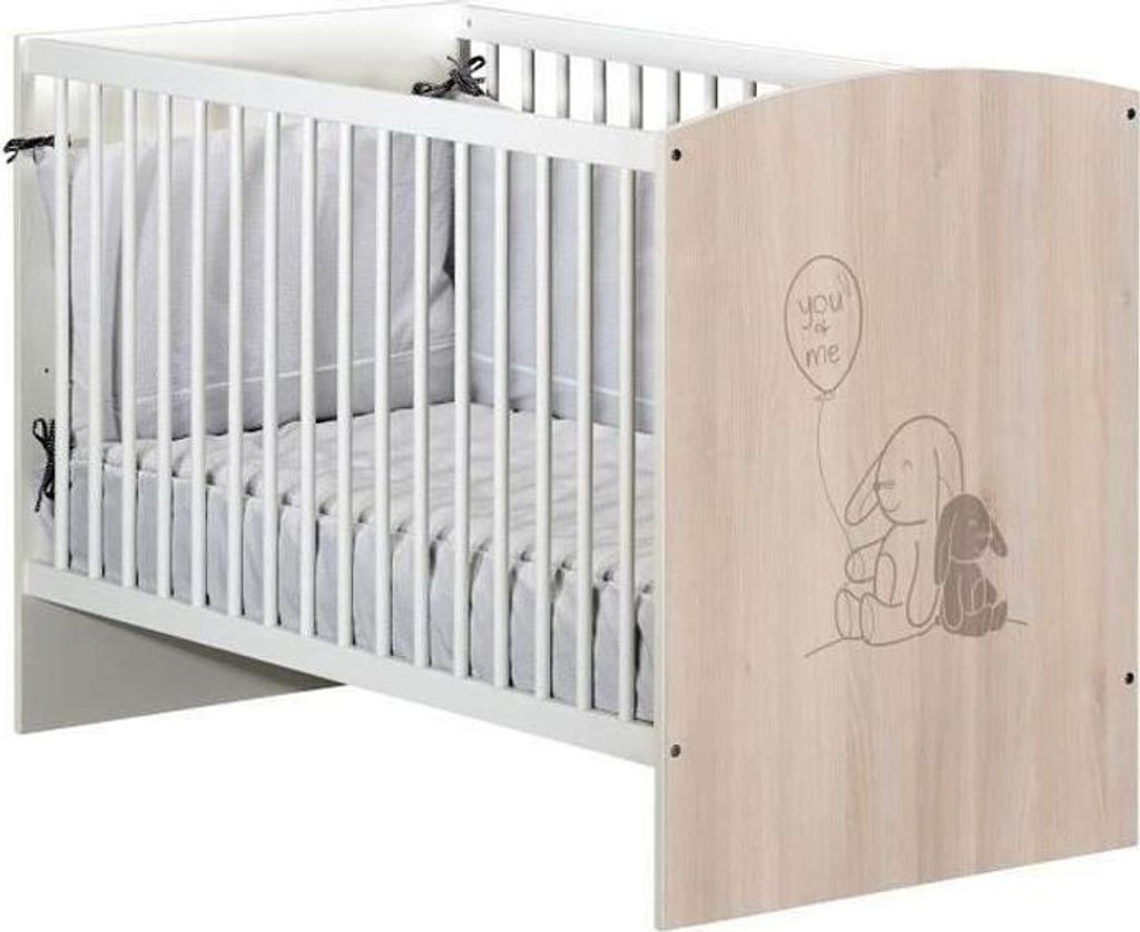 Babybett, 120 x 60 cm, Babyprice Lapinou, Akazie hell & weiß, Mit Lattenrost, France