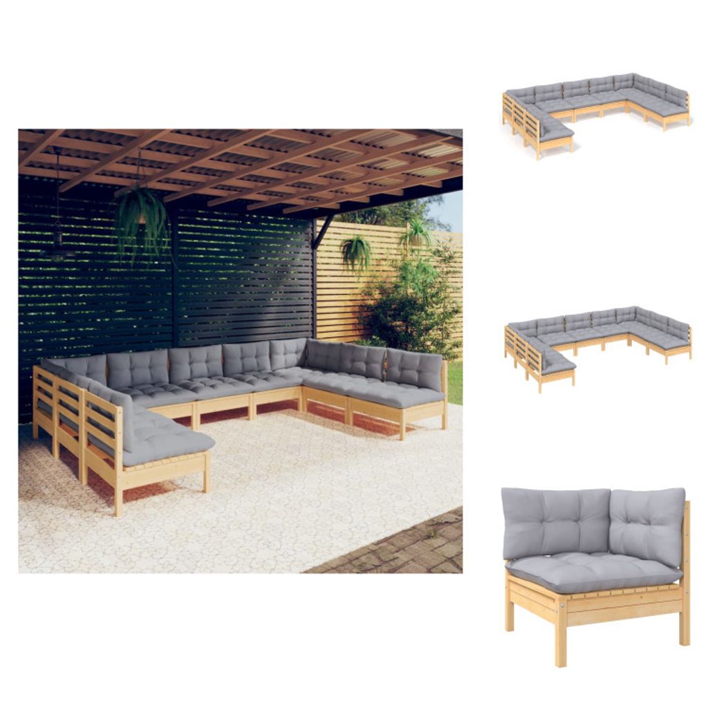 vidaXL 9-tlg. Garten-Lounge-Set mit Grauen Kissen Kiefer Massivholz - Gartenmöbel-Sets