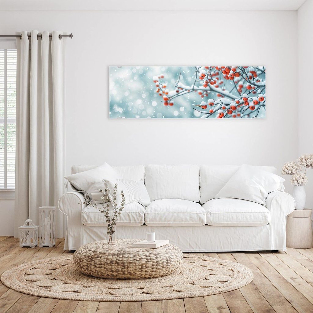 Glasbild 120x40cm in XXL für Wohnzimmer, Schlafzimmer Motiv Beeren im Schnee
