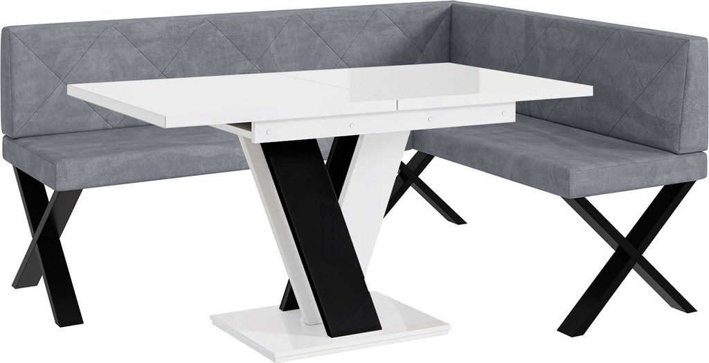 MEBLINI Eckbank für Esszimmer mit ausziehbarem Tisch - Küchenbank - Essecke - Sitzecke Küche - ERIC - X-Beine 128x168x87cm Rechts - Grau Samt/M ...