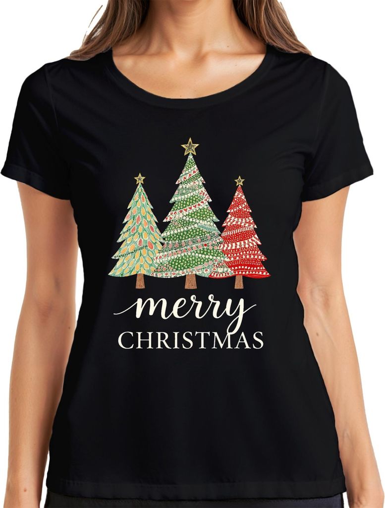 Merry Christmas Weihnachtsbäume Tannenbaum Trio Festlich Vintage Damen T-Shirt, Schwarz, XXL