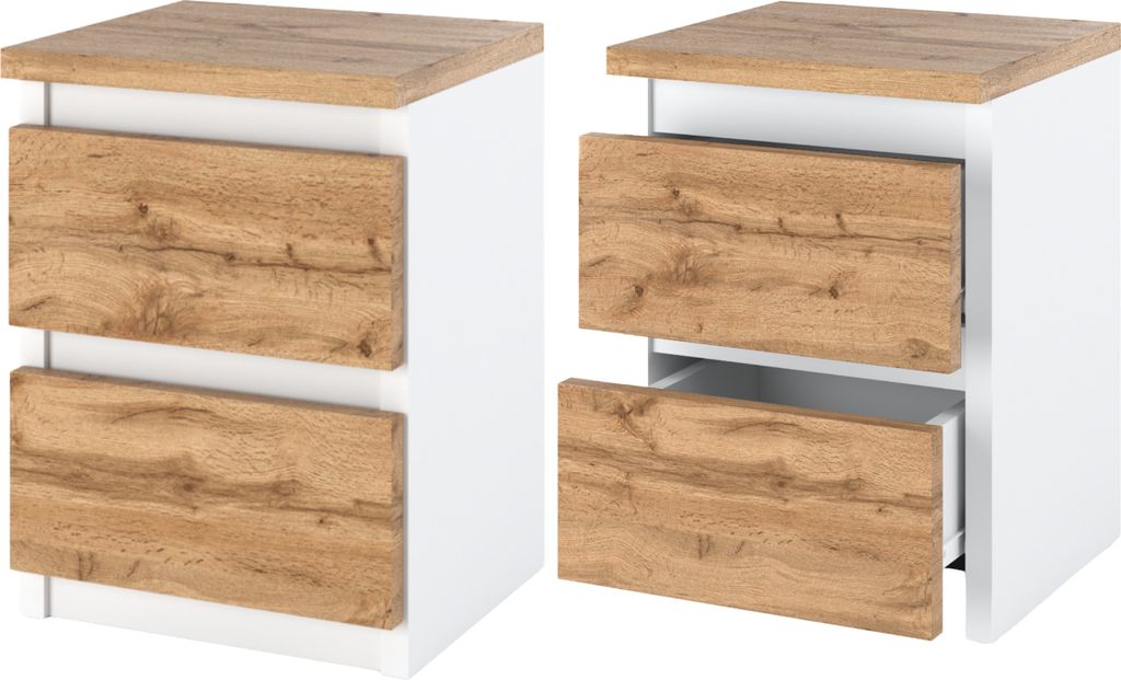 Nachttisch 2er SET Weiß Eiche Wotan - Nachtschrank - Nachtkommode Modern Möbel mit Schubladen Kommode Holz Schubladenschrank für Ihr Schlafzimmer
