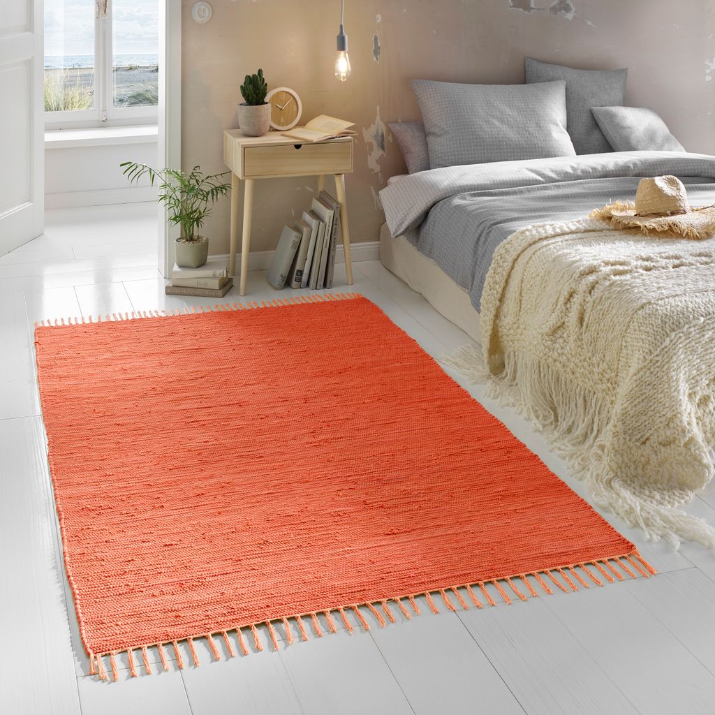 Flicken-Teppich 100% Baumwolle I Waschbarer Fleckerl mit Fransen I Esszimmer Küche Badezimmer Wohnzimmer Kinderzimmer | Terracotta