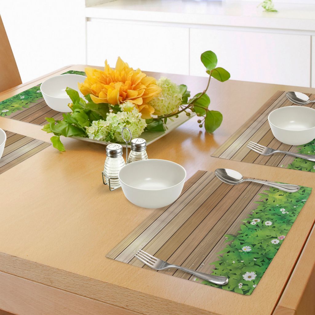 ABAKUHAUS Blume Platzmatten, Daisy Leafs und Wassertropfen Holz Zaun Frühling Natur Themen Computer Zeichnung, Tiscjdeco aus Farbfesten Stoff für...