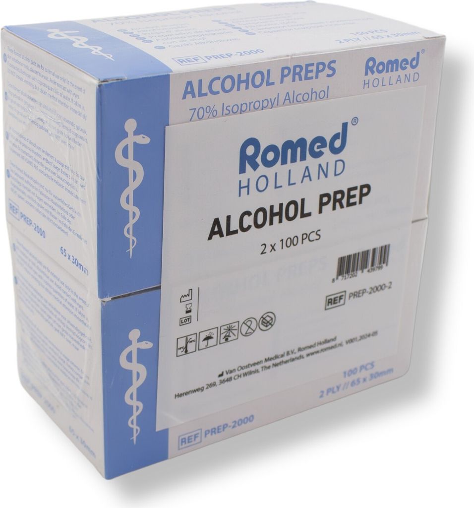 Romed Alkoholtupfer 65 x 30 mm, 2-lagig, Spar-Set 2 x 100 Stück, hygienisch eingesiegelt (1 Set = 1 x 2 x 100 Stück)