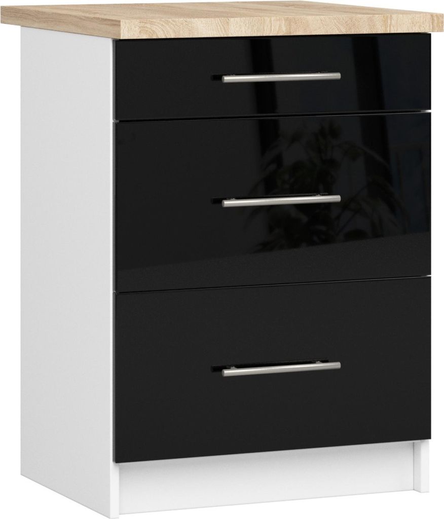 Küchenunterschrank – Unterschrank mit 3 Schubladen S60 3S – OLIWIA – Schwarz Hochglanz – Modern, praktisch und stilvoll mit Arbeitsplatte