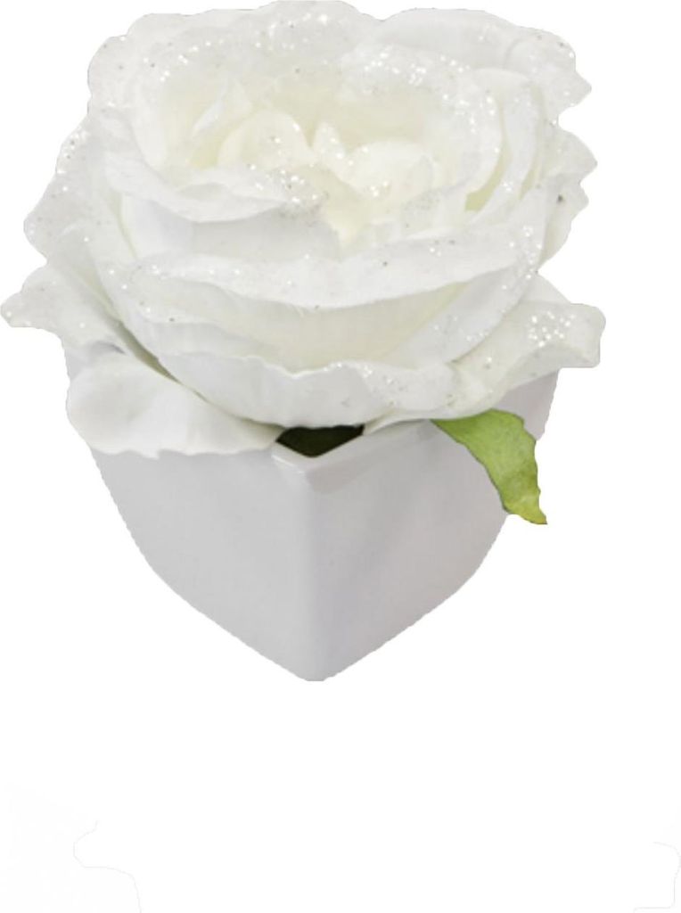 Kunstblume Rose Topf Weiß, weiß glitzernd 8 cm - Einheitsgröße