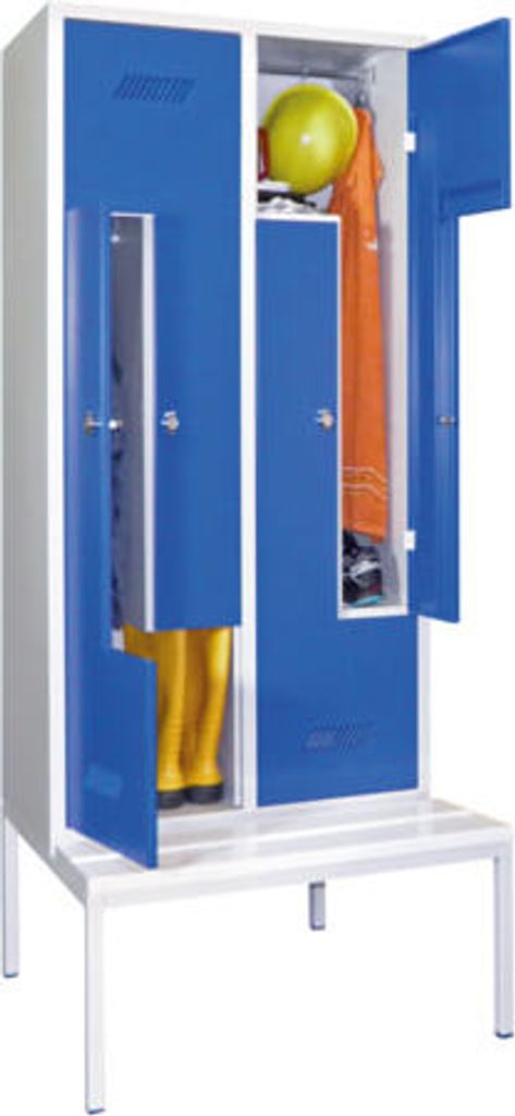 Z-Kleiderschrank m. Sitzbankuntergestell - Höhe 215 cm - 4 Fächer - Drehriegel - lichtblau/reinweiß