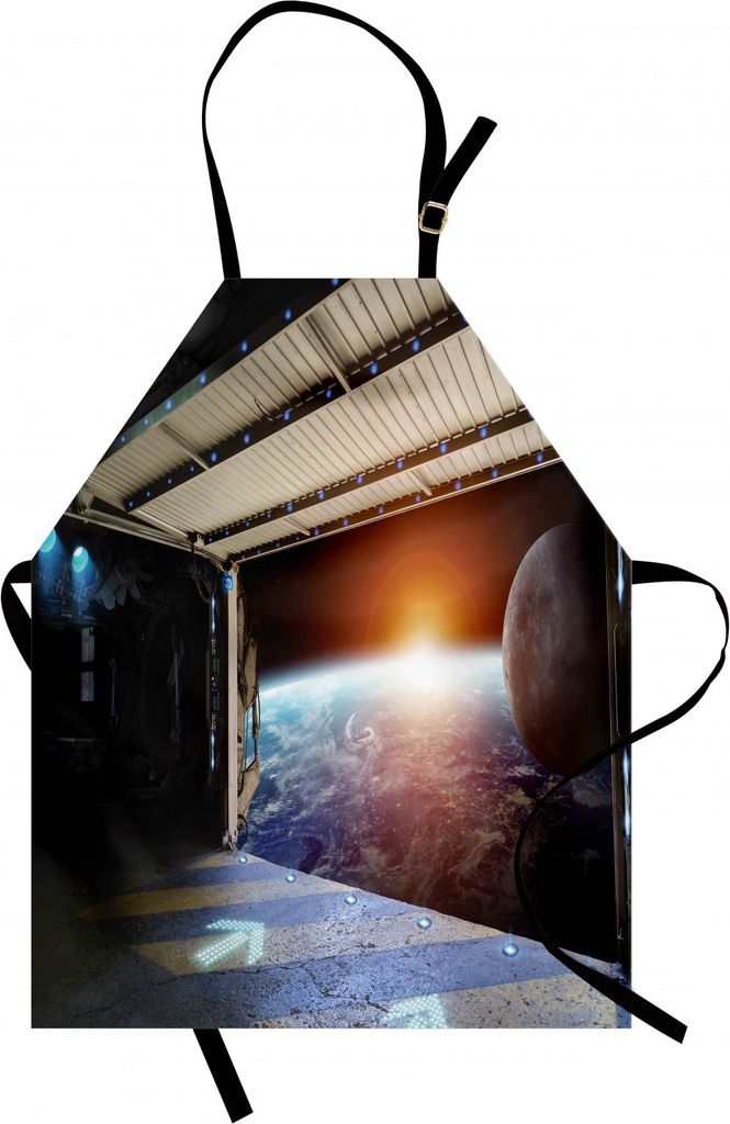 ABAKUHAUS Weltraum Kochschürze, Earth-Szene von Einem Space Plane Runway Gate Globe Galaxy bis Sterne Bild, Farbfest Höhenverstellbar Waschbar Kl...