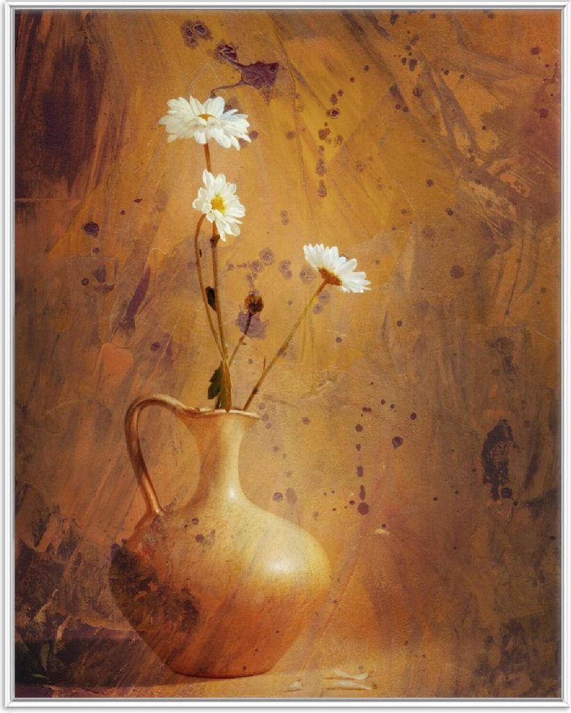 Wallario Wandbild Antike Vase mit Blumen, Größe: 40,30 x 50,30 cm, Poster mit weißem Aluminiumrahmen