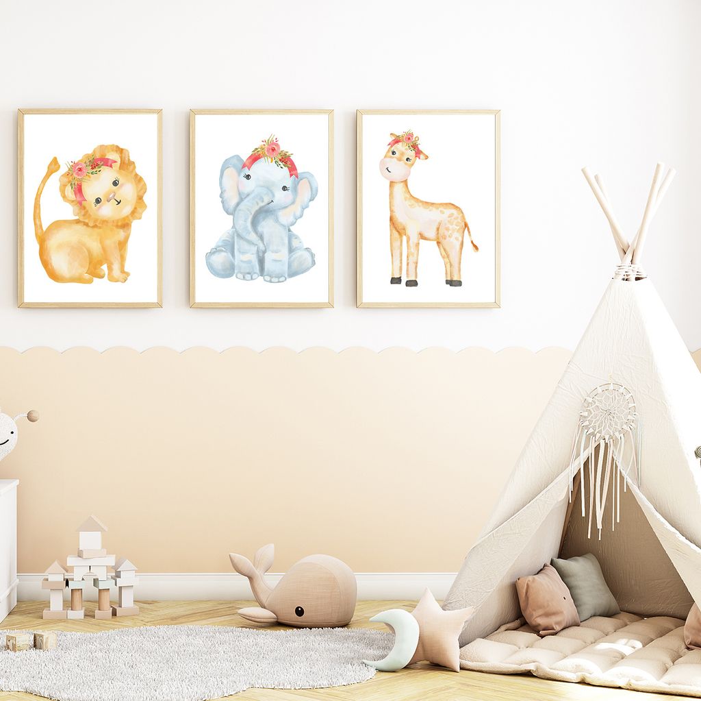 Süße Tiere 3er Set Kinderzimmer Bilder DIN A4 Poster Babyzimmer Wandbilder Dekoration - Löwe Elefant Giraffe