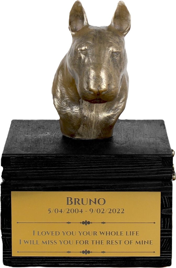 Bull Terrier, Bullterrier IV - eine Urne mit Gravur und Hundeskulptur, letzter Abschied, handgefertigtes Produkt der Marke Art-Dog